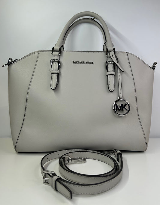 Michael Kors Ciara Large Light Stone Leather Top Zip Satchel Crossbody Purse Bag