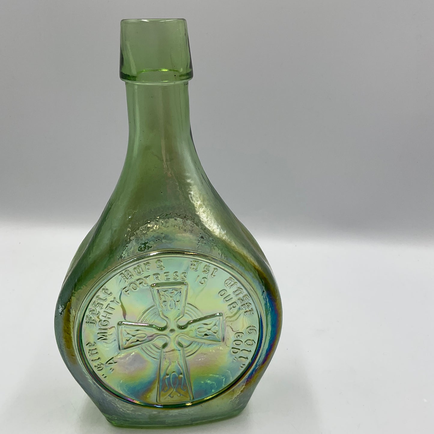 Vintage Wheaton Featuring Billy Graham Green Iridescent Carnival Glass Bottle