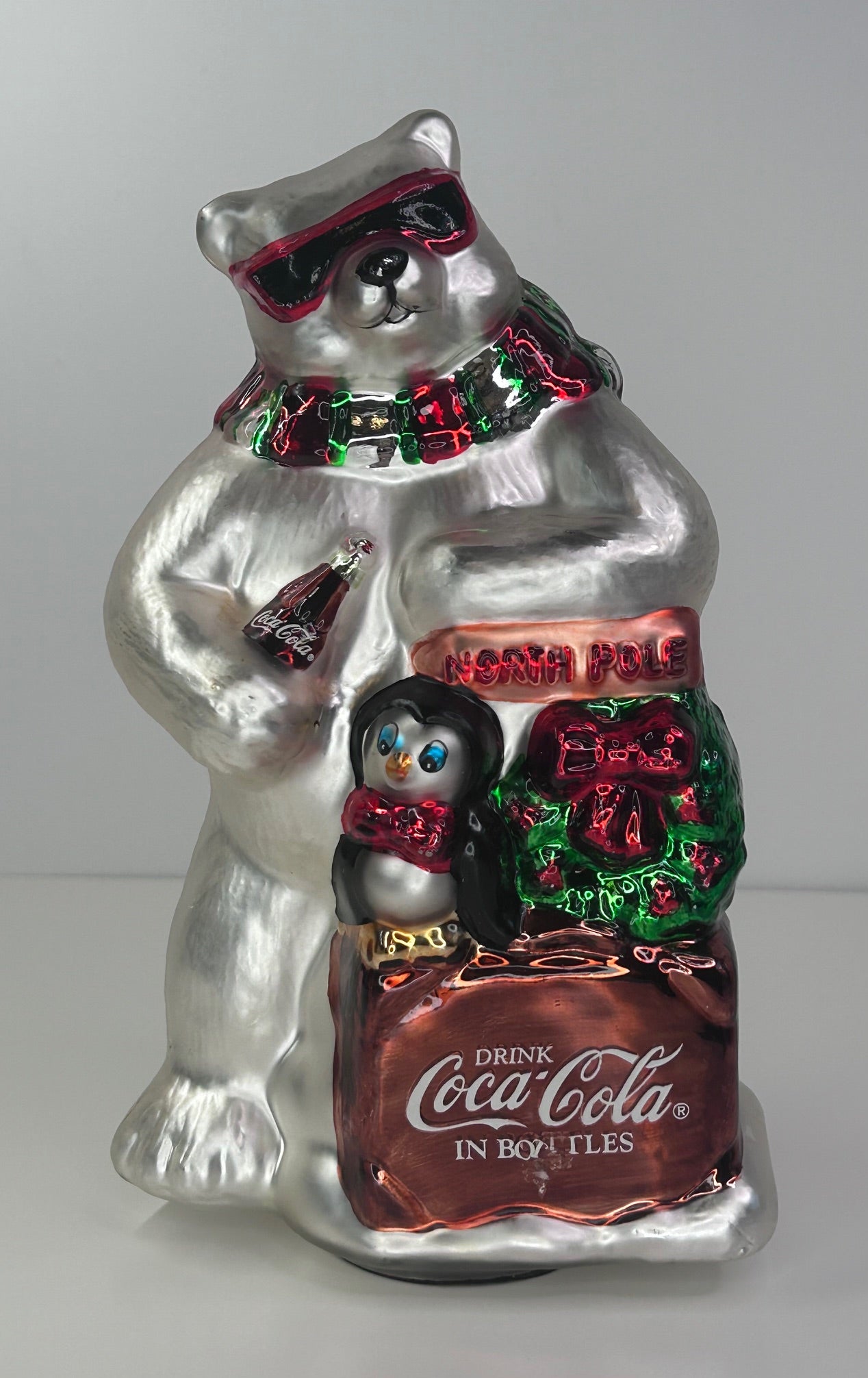 Coca-Cola Vintage 1998 Mercury Glass Polar Bear Figure with Coke Chest and Penguin