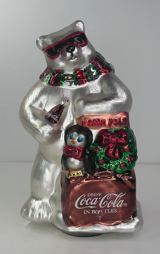Coca-Cola Vintage 1998 Mercury Glass Polar Bear Figure with Coke Chest and Penguin
