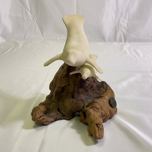 Florida Manatees White Pellucida Resin Sculpture on Burlwood by John Perry