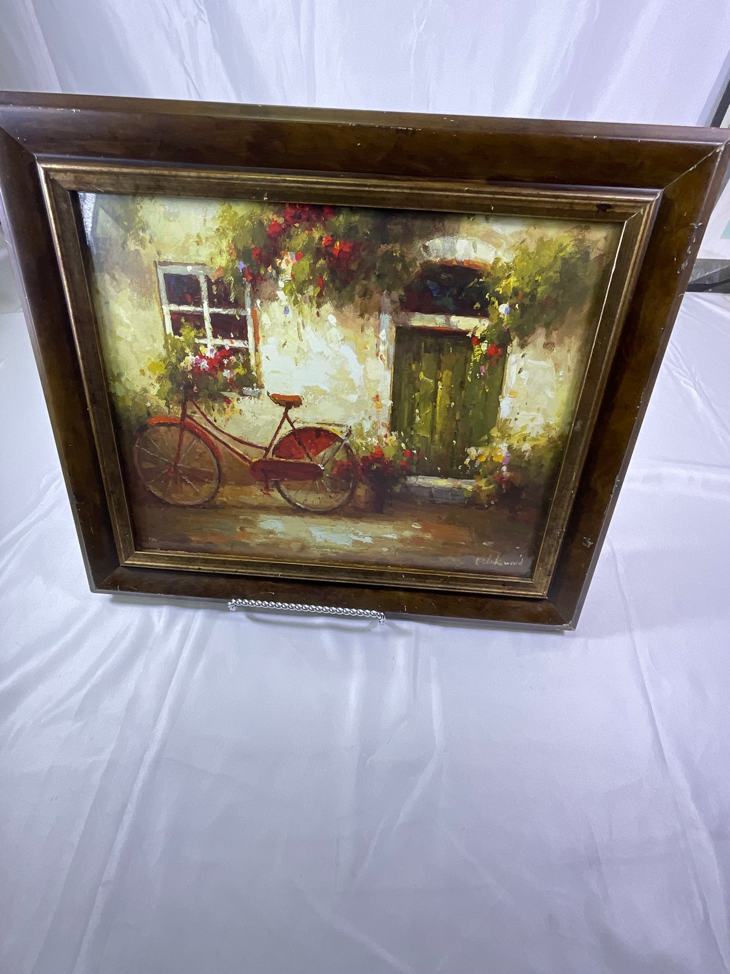 David Lakewood Painting Of Red Bicycle Parked Outside a Stone House