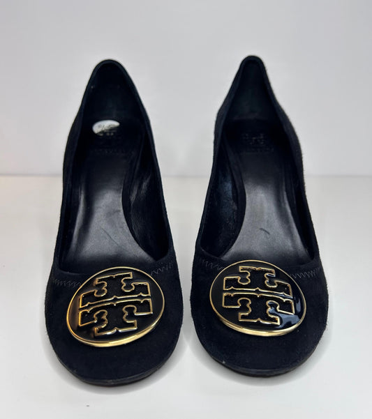 Tory Burch Maddie Pumps Black Suede Gold Trim Womens Shoes Size 8.5