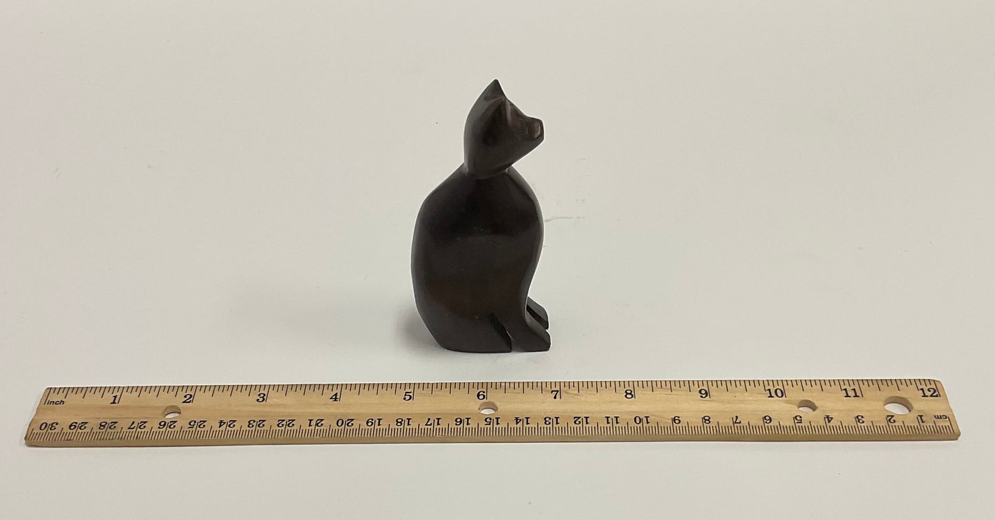 Wooden Cat Figurine Dark Wood Sitting Cat Sculpture