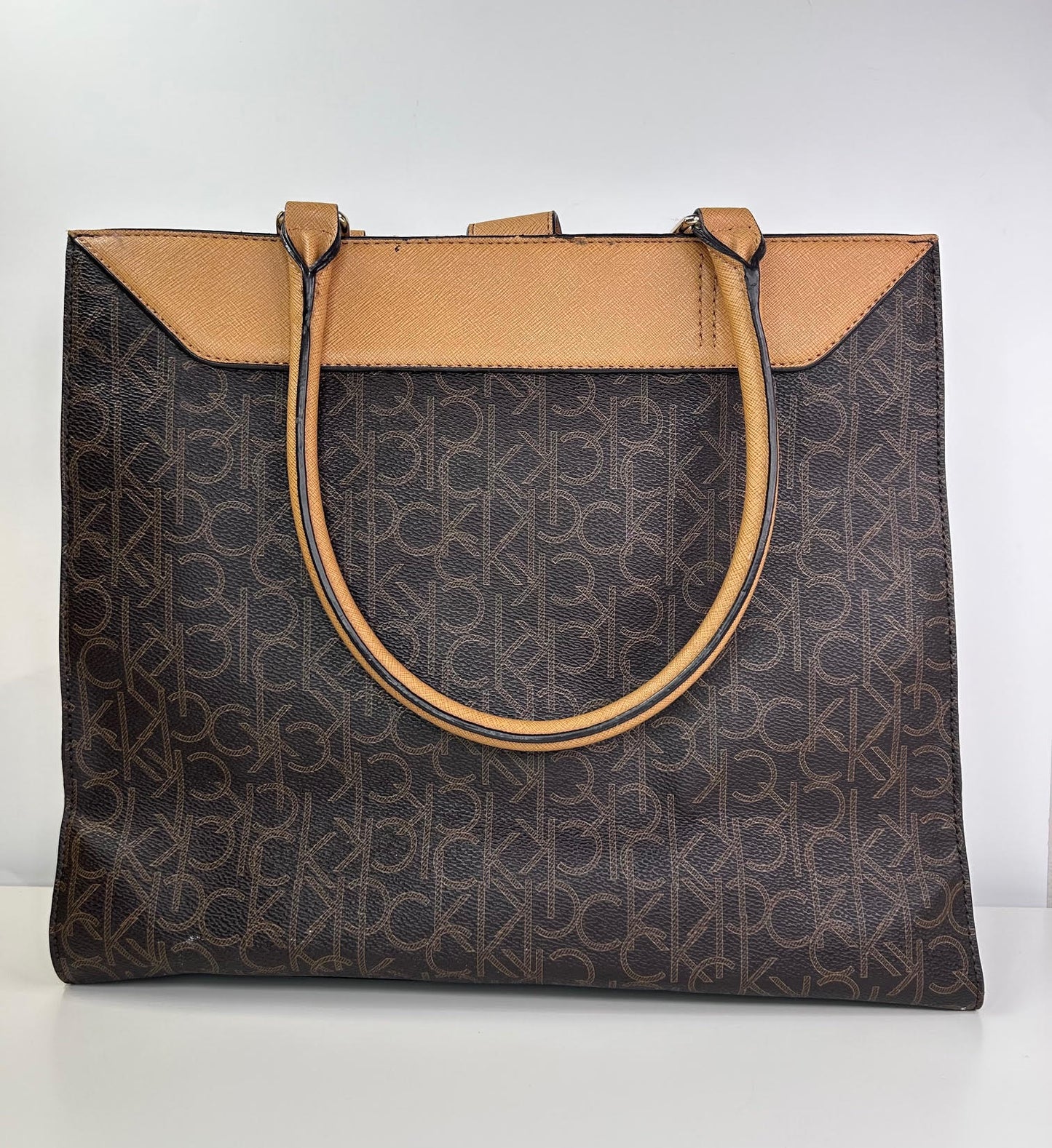 Calvin Klein CK Monogram Brown Tote Bag with Shoulder Strap Excellent Condition