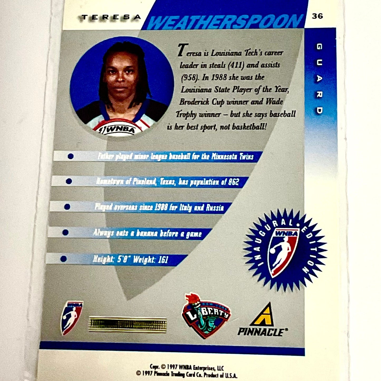 Teresa Weatherspoon WNBA #36 Vintage 1997 Pinncale Card