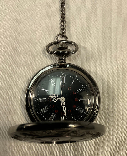 Black Pocket Watch Silvertone Face 15 Inch Chain Working Condition New Battery