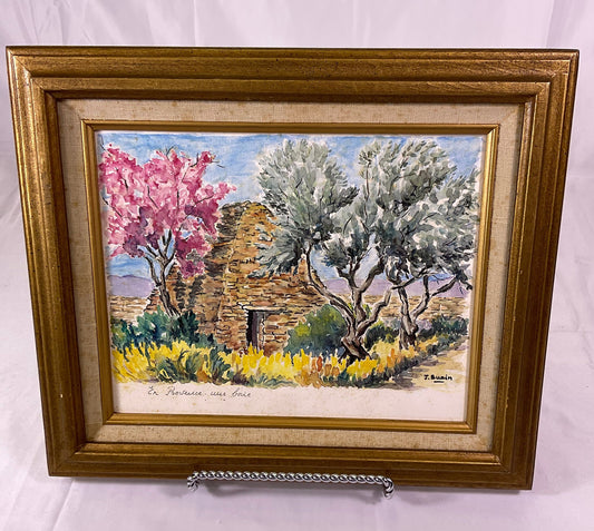 J. Suain Watercolor Painting En Provence Une Borie Wooden Framed
