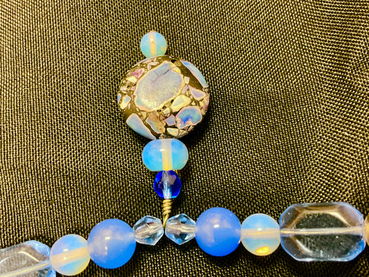 Blue and Gold Choker Necklace with Gold Leaf clasp and Stone Pendant