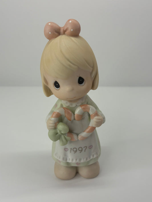 Precious Moments Vintage 1997 Annual Edition "Cane You Join Us For A Merry Christmas" Hand Painted Porcelain Collectible Figurine Original Box