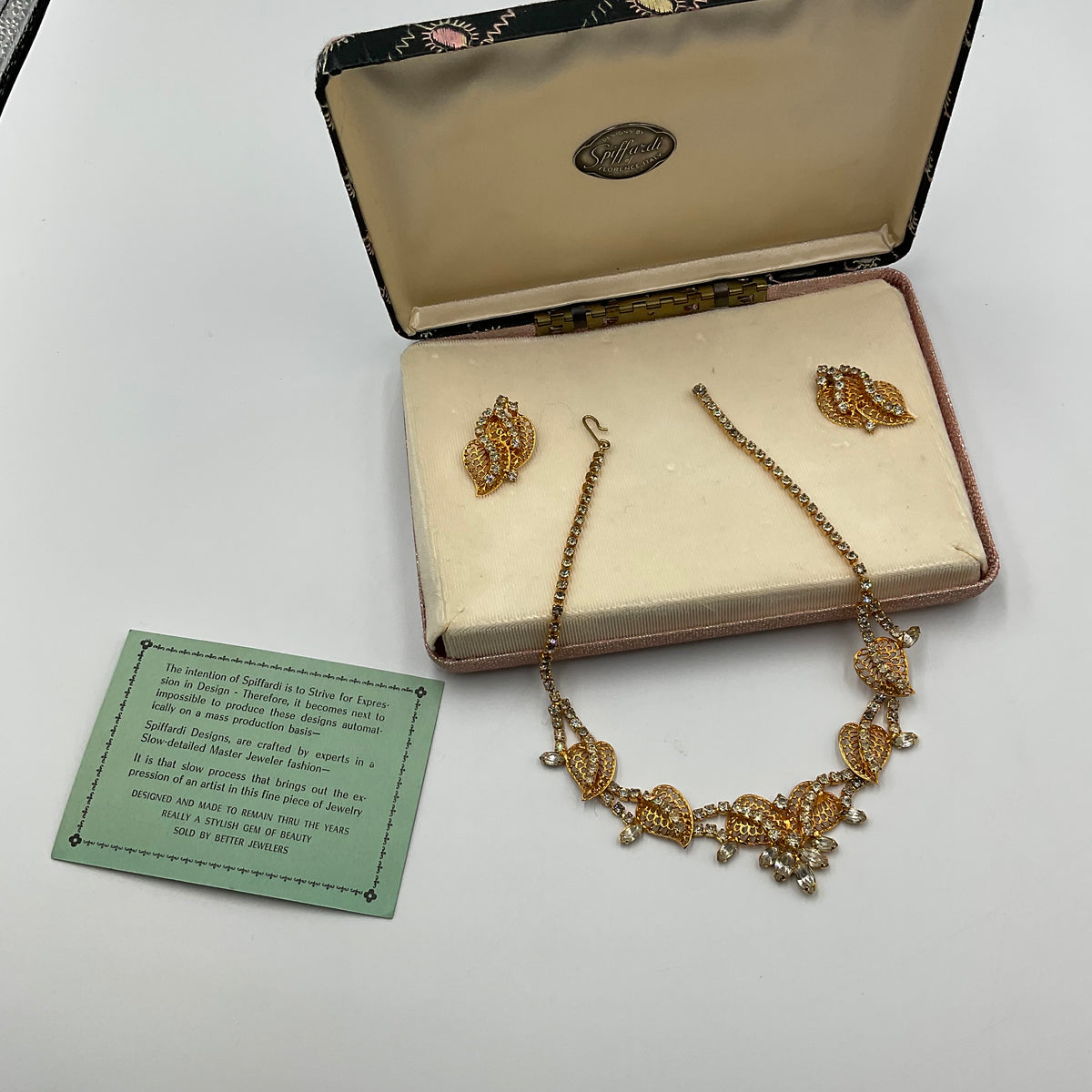 Gold Tone Rhinestone Leaf Necklace And Earrings”Spiffardi of Florence Of Italy”