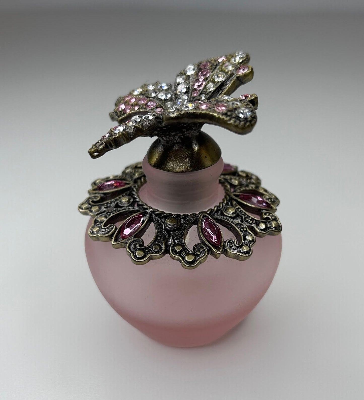 Butterfly Inspired Perfume Bottle Frosted Glass Pink Crystal Jeweled Bottle with Stopper