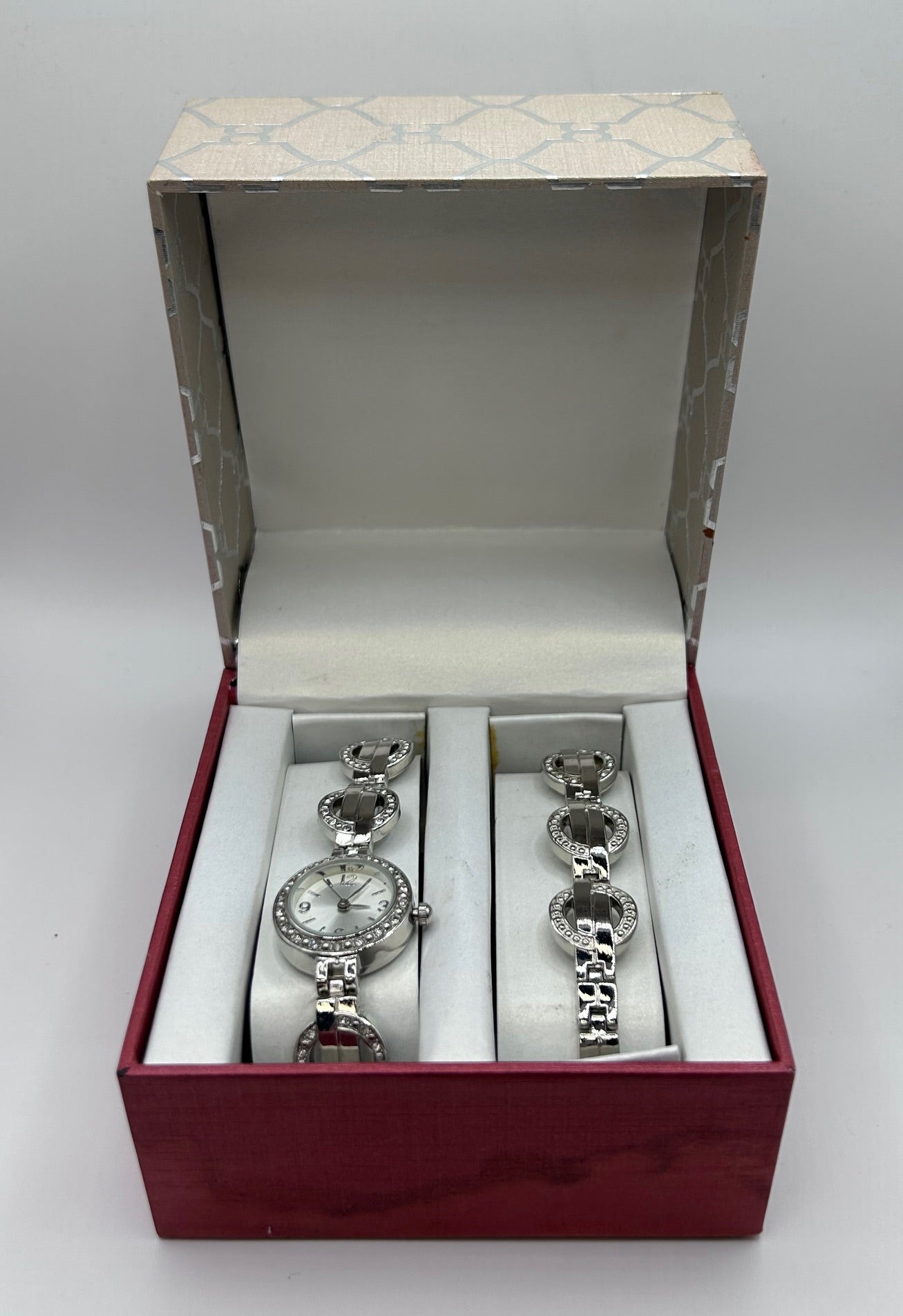 Silvertone and Clear Stone Ladies Watch and Bracelet Set in Original Box