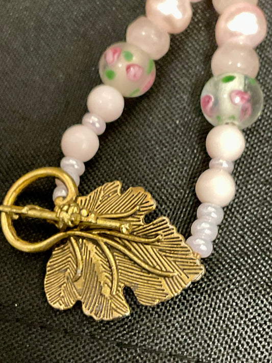 Pink Beaded Necklace with Leaf clasp and Pink Pendant