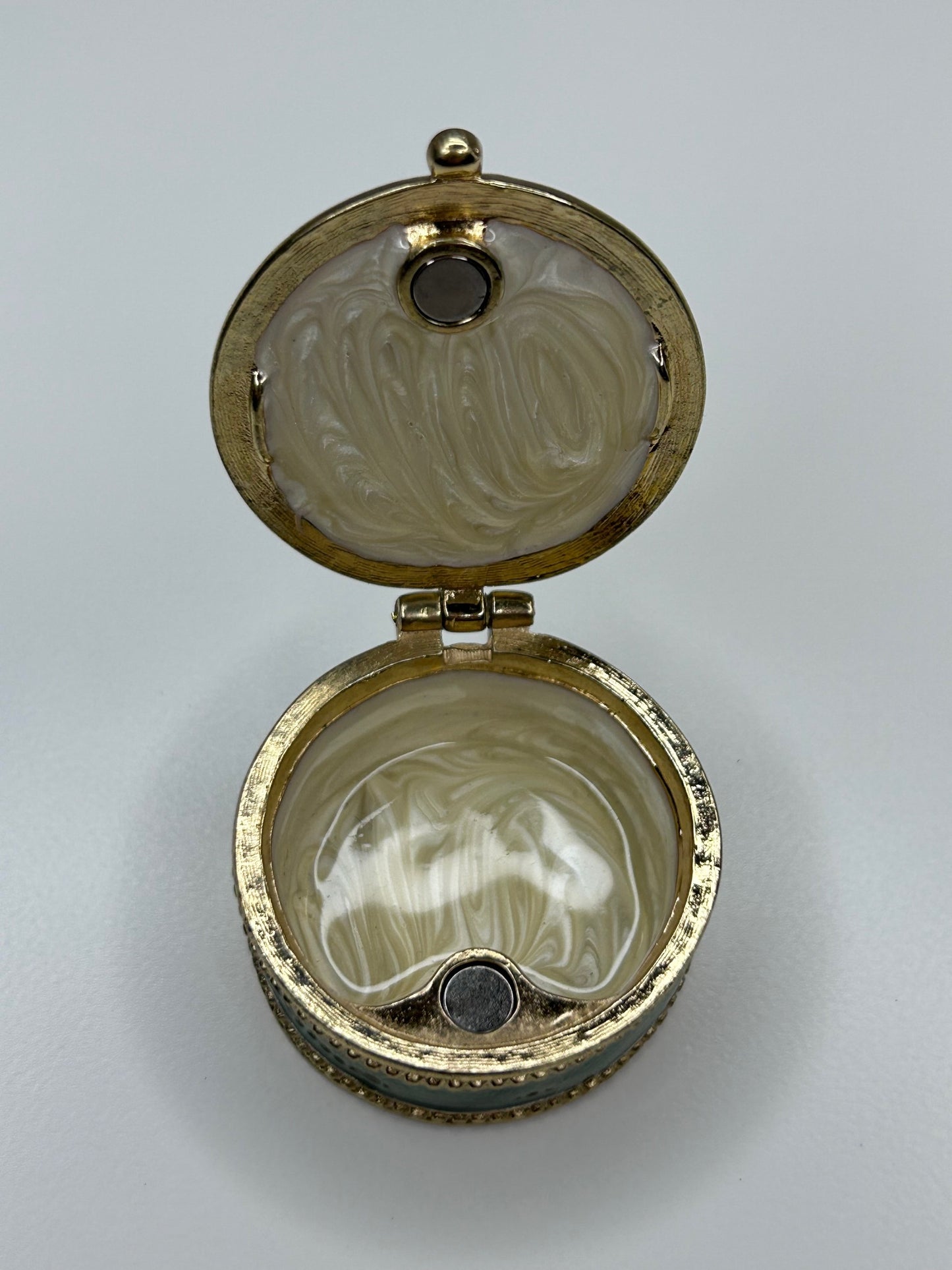 Angel Figure Green Gold Enamel Pill Box Light Blue Rhinestones Magnetic Closure 1.5"