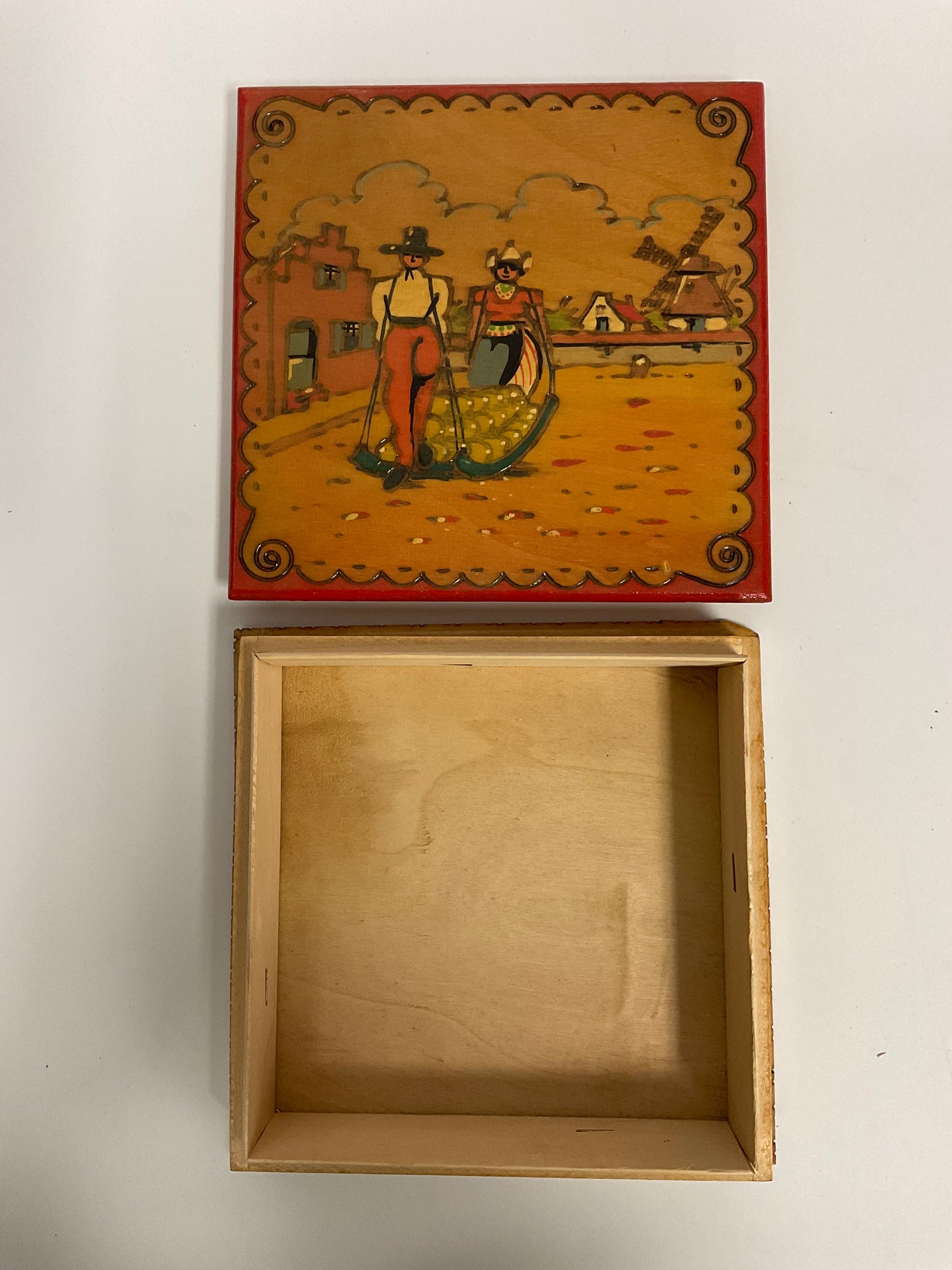 Hand Painted Vintage Wooden Box Dutch Folk Art Windmill Scene