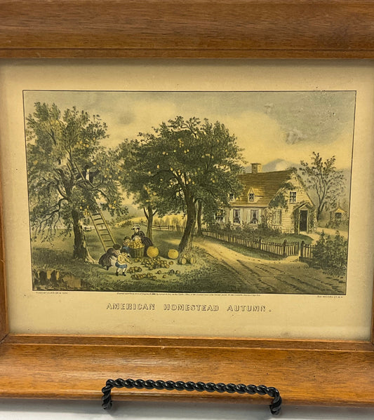 American Homestead Autumn in Wooden Frame Early Currier & Ives Reproduction 7 7/8" x 12 3/8"