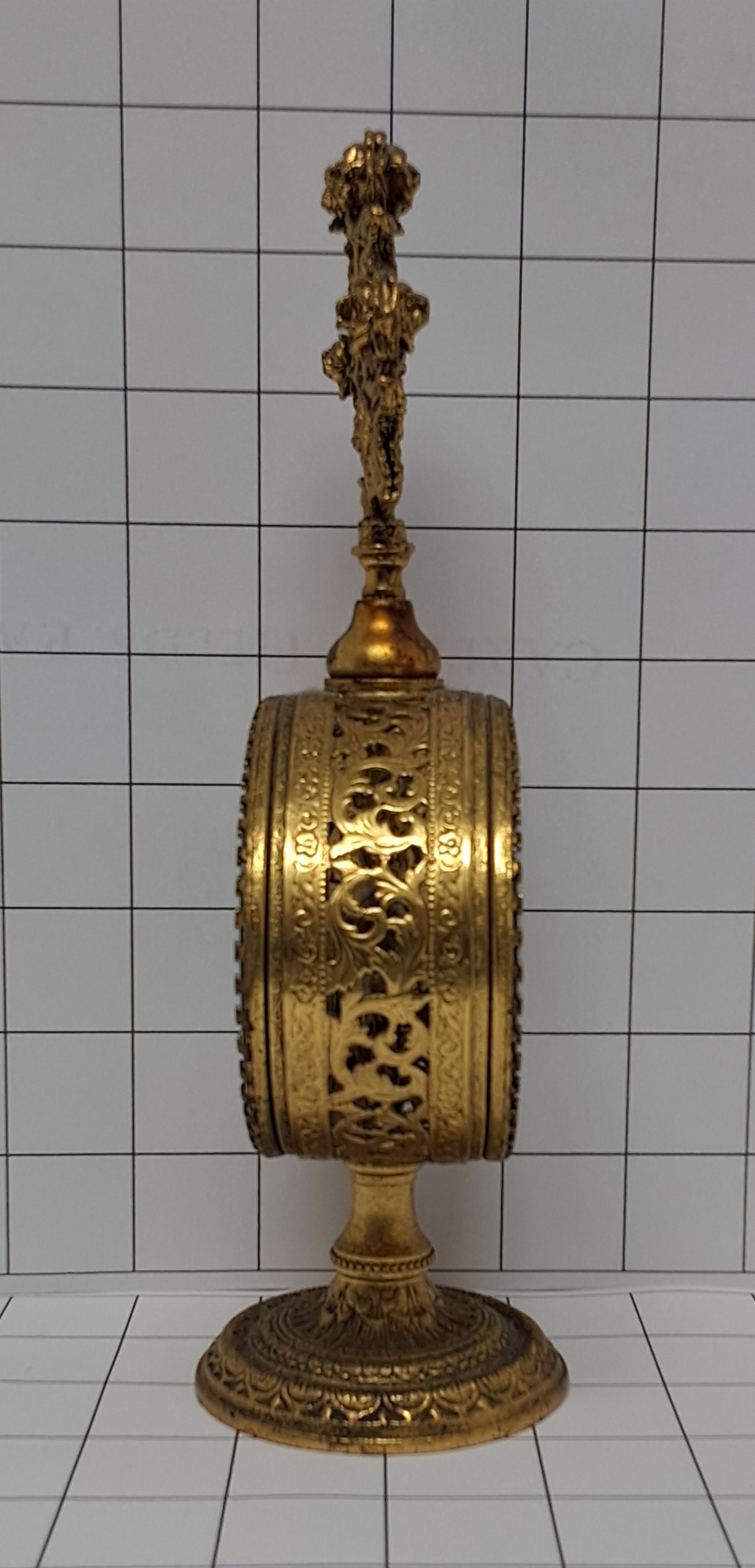 Ormolu Filigree Vintage Antique Gold Tone Perfume Bottle Oval Beveled Glass Floral Roses Motif