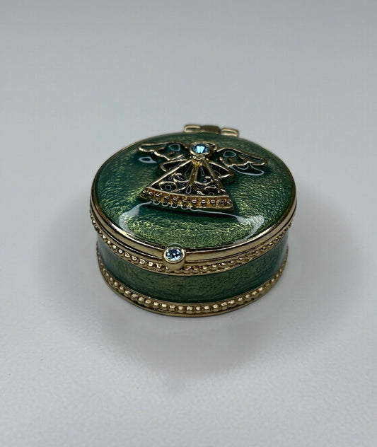 Angel Figure Green Gold Enamel Pill Box Light Blue Rhinestones Magnetic Closure 1.5"