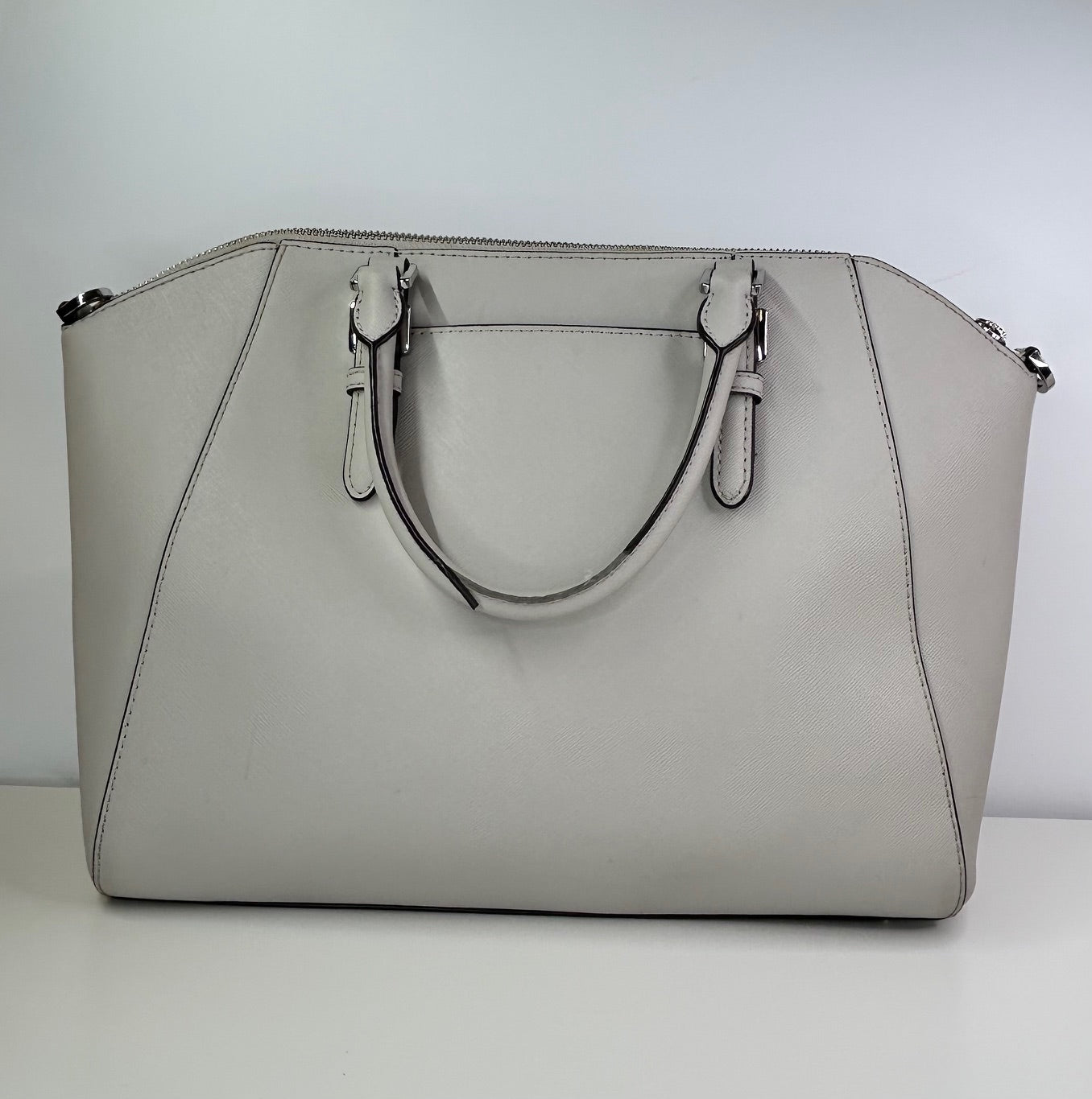 Michael Kors Ciara Large Light Stone Leather Top Zip Satchel Crossbody Purse Bag