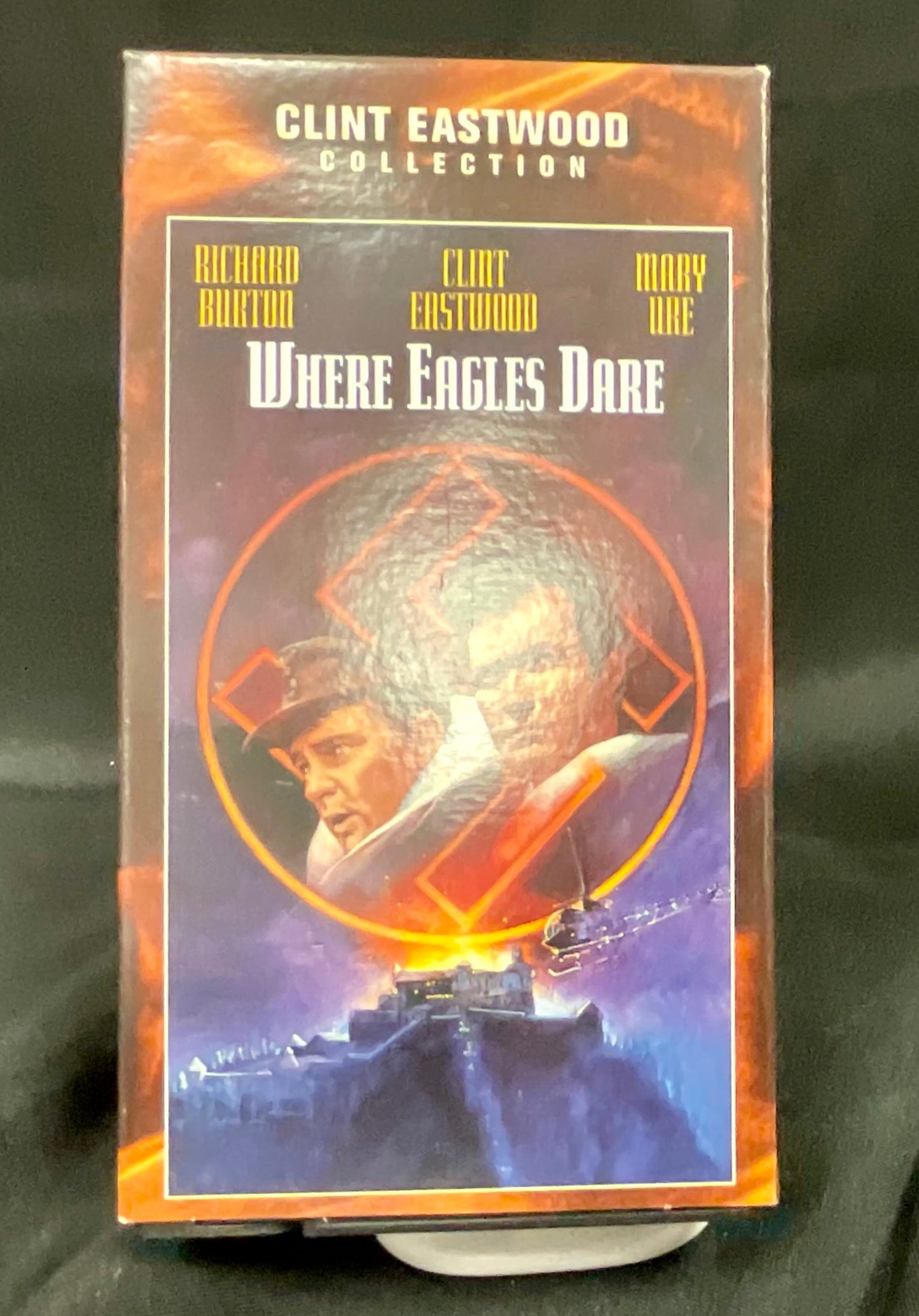 VHS tape cover of 'Where Eagles Dare' featuring Clint Eastwood on a black background