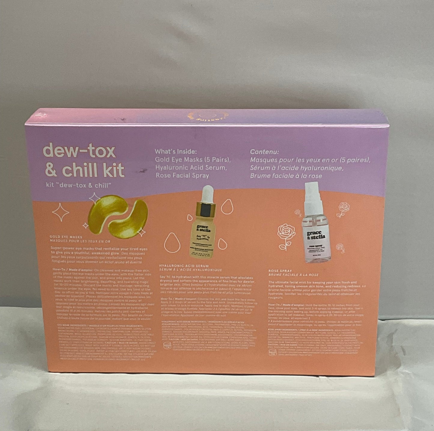 Grace & Stella Dew-Tox & Chill Kit Gold Eye Masks, Hyaluronic Acid Serum, Rose Spray, New in Box