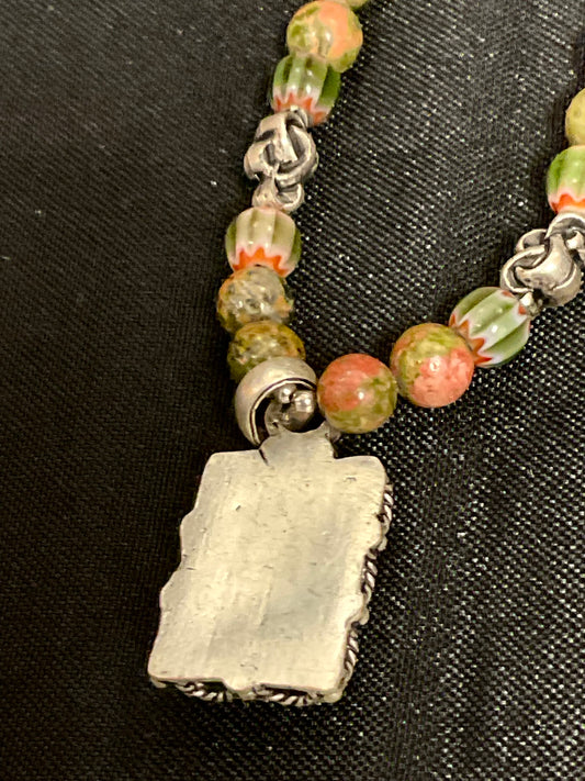 Multicolored Beaded Necklace with Rectangle Framed Pendant