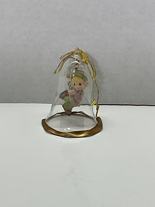 1994 Enesco Precious Moments "Dropping in for Christmas" Glass Bell Ornament