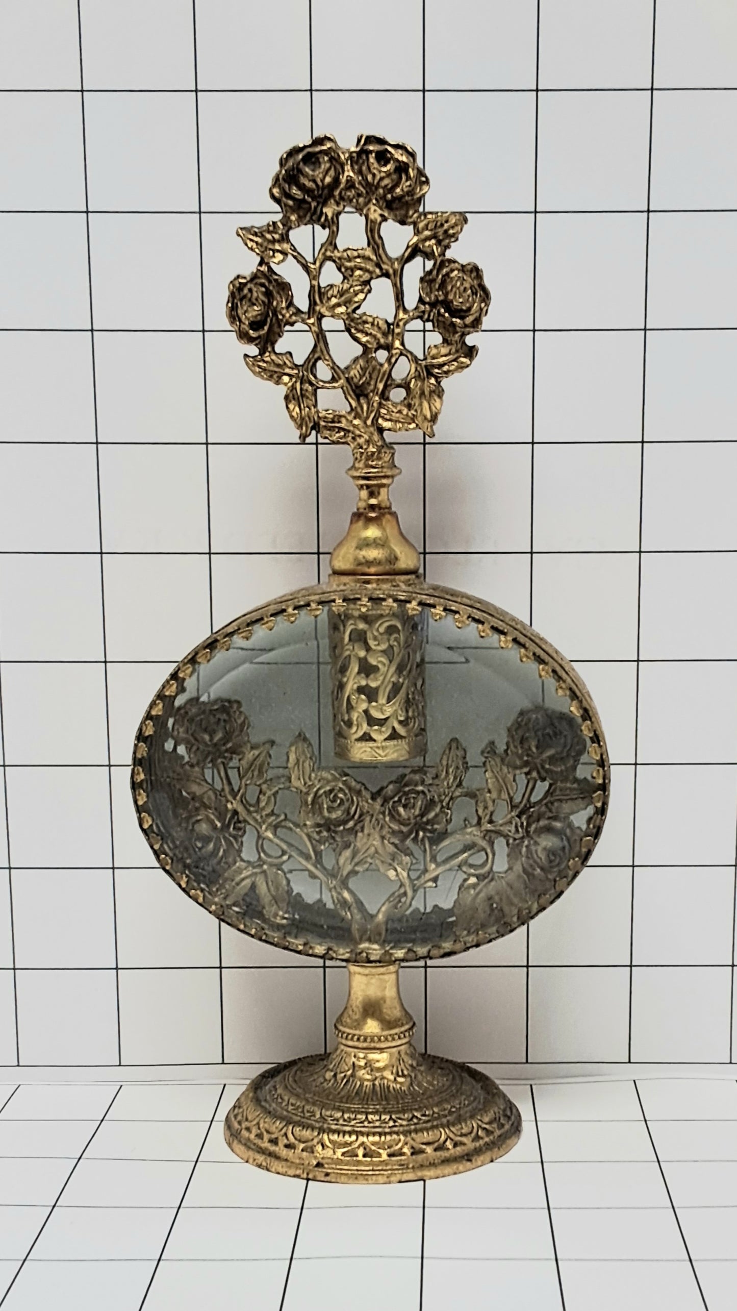 Ormolu Filigree Vintage Antique Gold Tone Perfume Bottle Oval Beveled Glass Floral Roses Motif