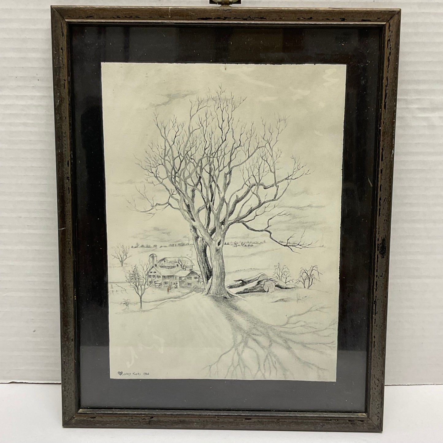 Mary Koski Artist Vintage 1966 Framed Pencil Art Sketch Winter Farm