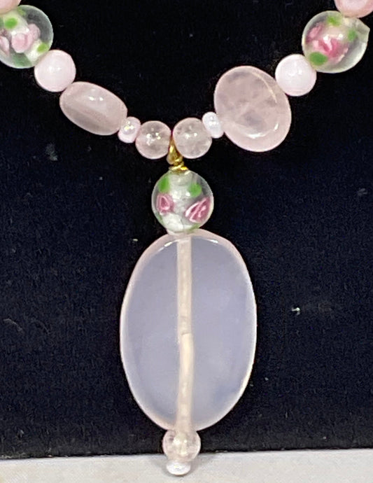 Pink Stone and Opaque Oval Pendant Goldtone Leaf Clasp Fashion Jewelry Necklace