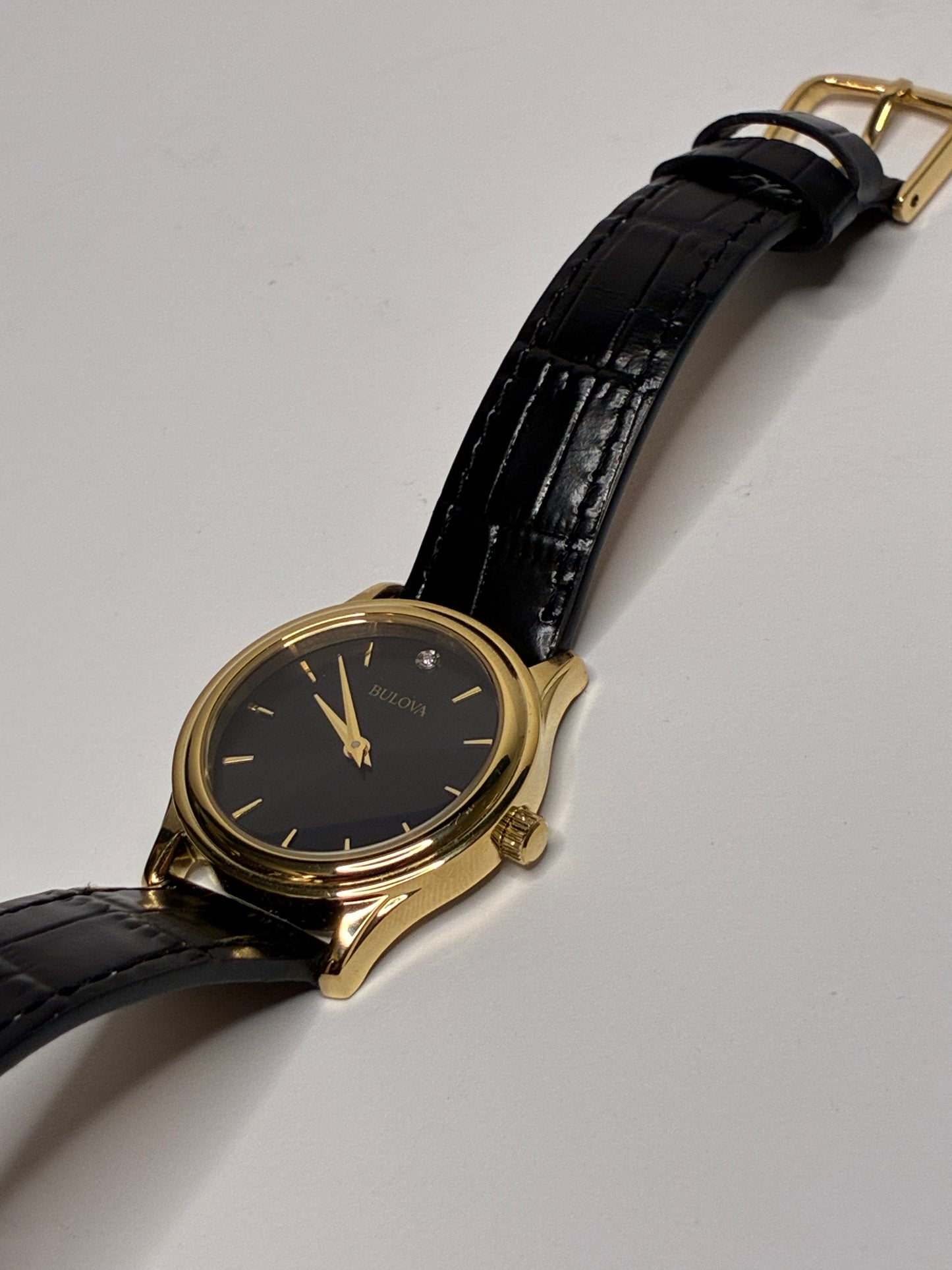 Bulova Diamond Accent Corporate Collection Women's Watch New in Original Box Gold-Tone Sunray Dial Black Leather Straps
