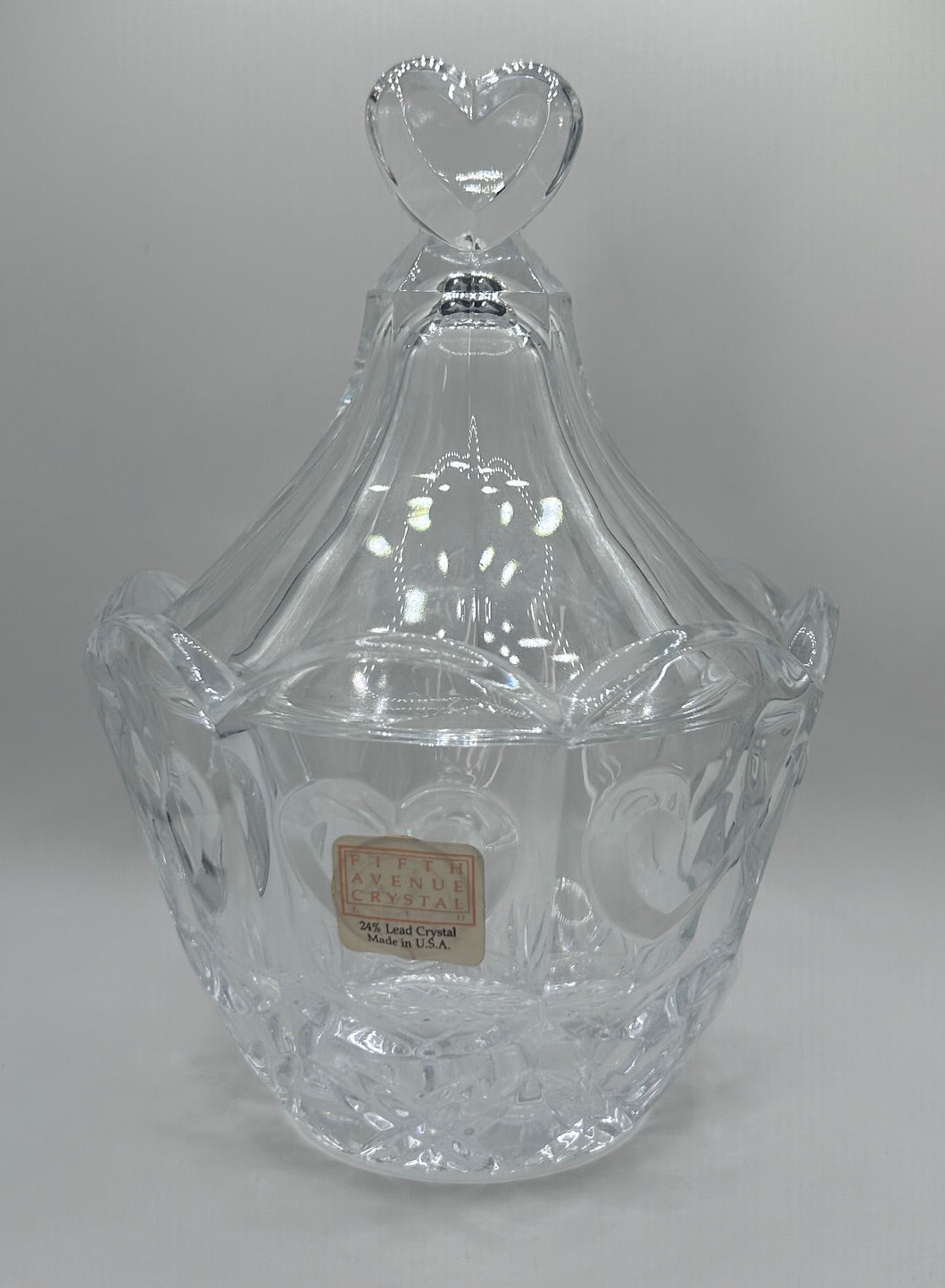 Fifth Avenue Crystal "Cherish" Candy Trinket Dish with Heart Shaped Lid Vintage 1970s