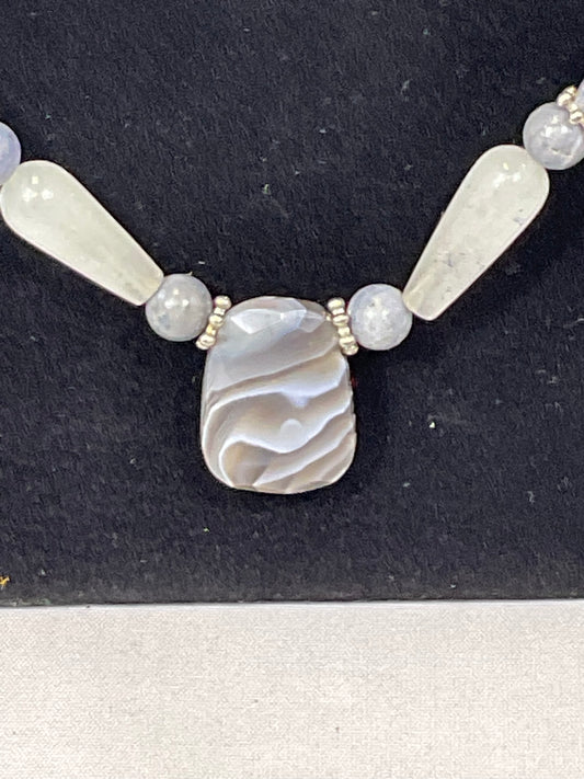 Grey Stone and Simulated Pearl Fashion Necklace