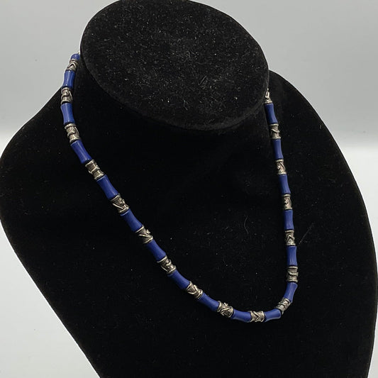 Blue and Silvertone Tube Shaped Beads Fashion Jewelry Necklace