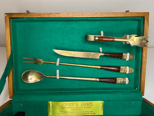 Johny's Gems Vintage Thailand SIAM Brass Wood Barware Set