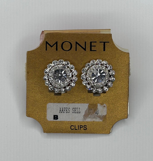 Monet Silvertone Faux Diamond Crystal Rhinestone Cluster Clips Earrings New