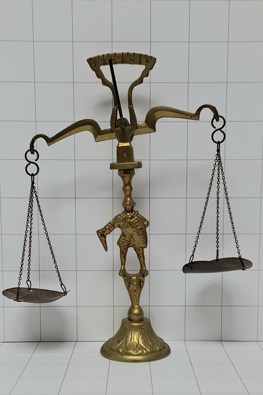 Hollywood Regency Style Vintage 1960s Brass Balance Scale Knight Figure