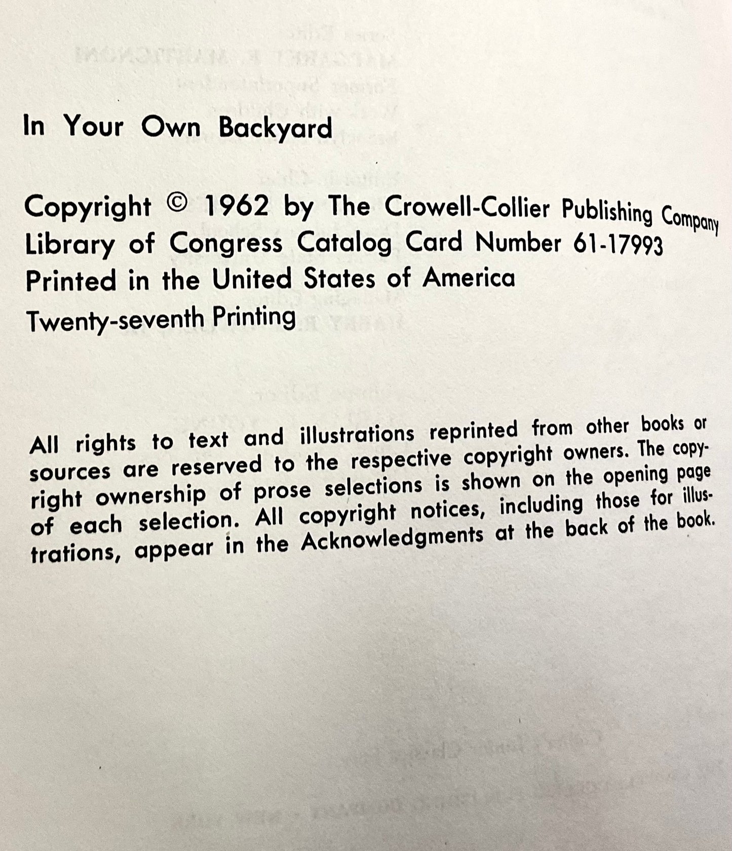 In Your Own Backyard Collier's Junior Classics Series #5 Vintage 1962 Hardcover Book