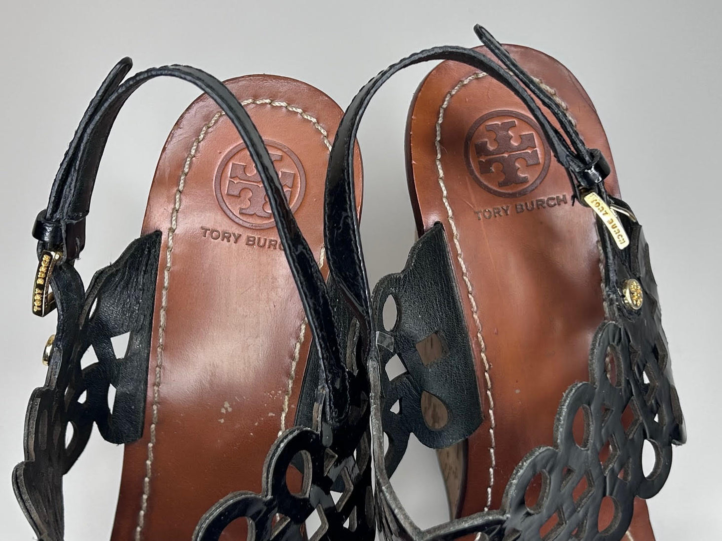 Tory Burch Black Leather Nori Perforated Wedge Sandals Women's Size 10.5 Not in Original Box