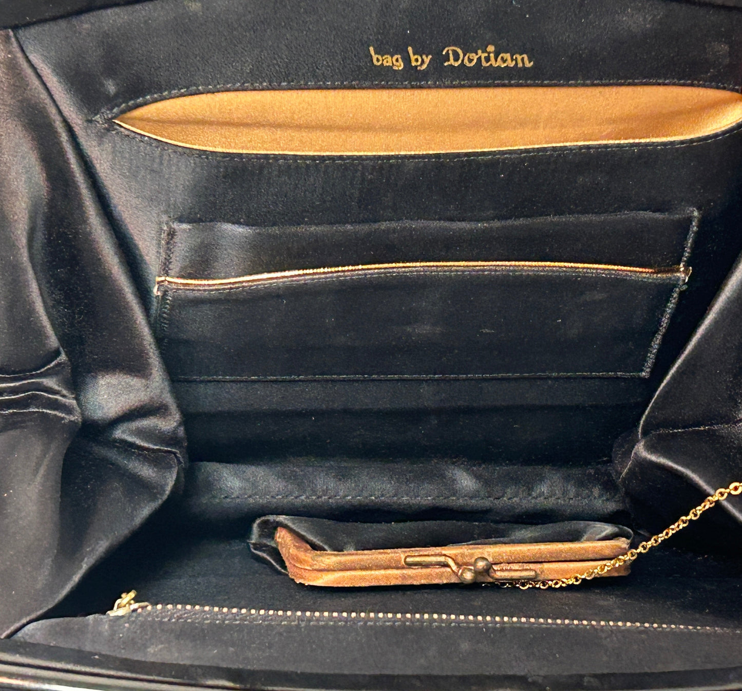 Dorian Vintage 1950s-60s Black Leather Purse Handbag Attached Coin Purse Gold-Tone Hardware