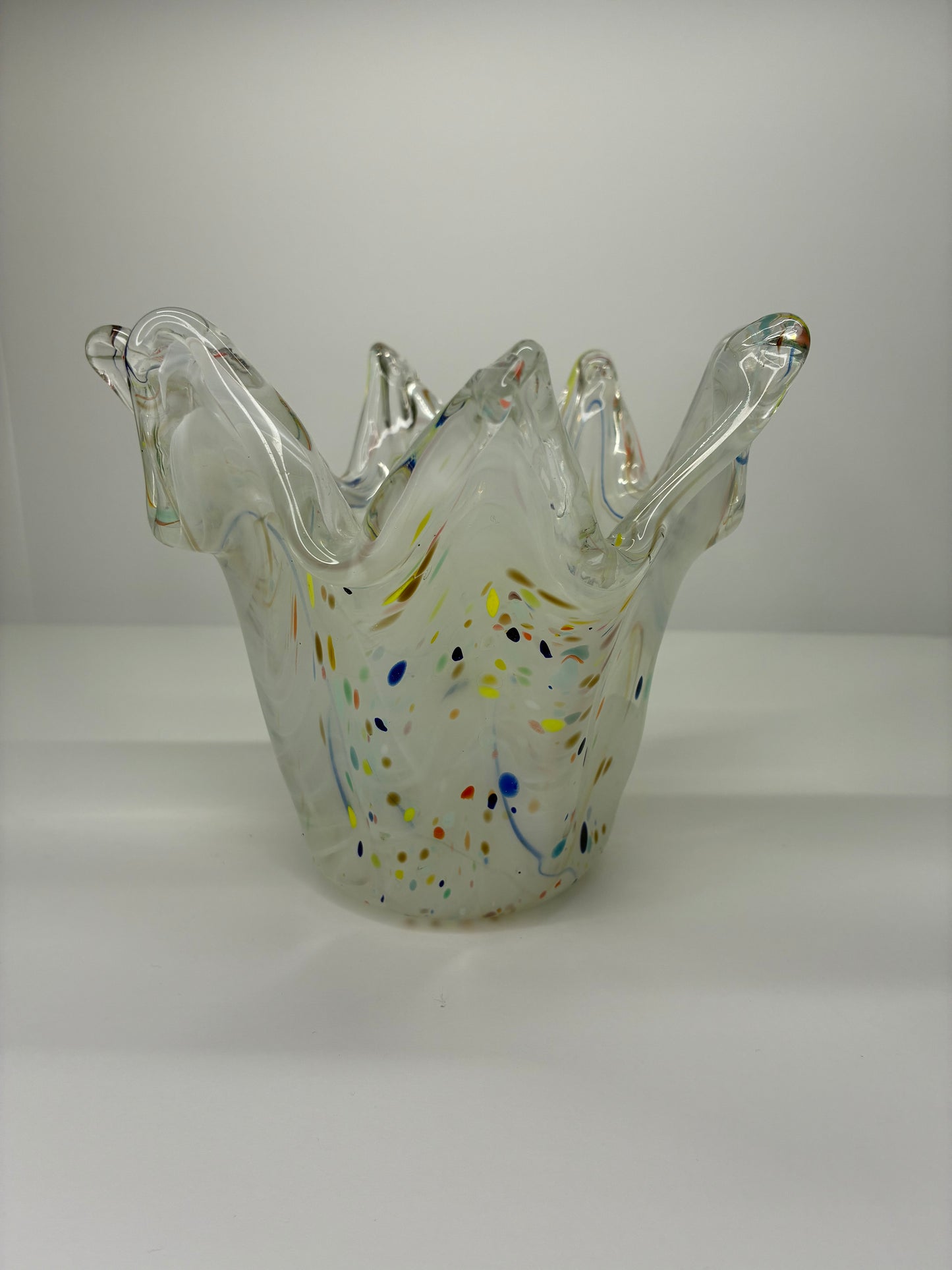 Murano Glass Authentic Italian Handmade Rainbow Speckled Crown Shaped Vase