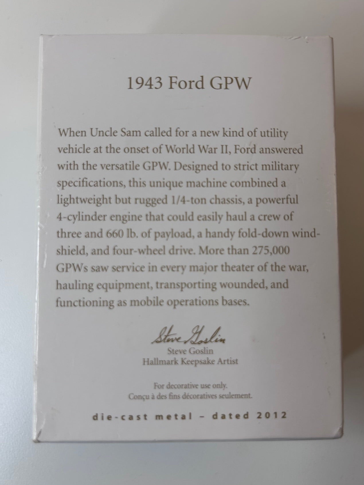 Hallmark Keepsake 1943 Ford GPW Jeep Ornament 2012 New in Box
