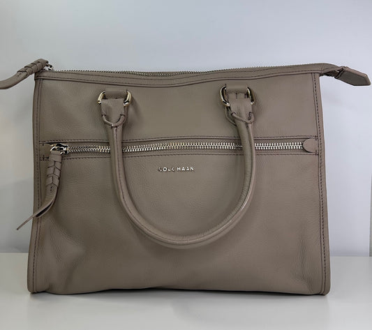 Cole Haan Taupe Light Grey Leather Tote Bag Handbag Good Condition