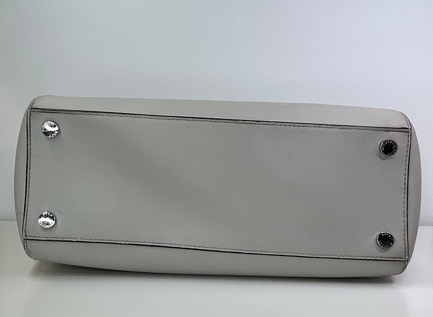 Michael Kors Ciara Large Light Stone Leather Top Zip Satchel Crossbody Purse Bag