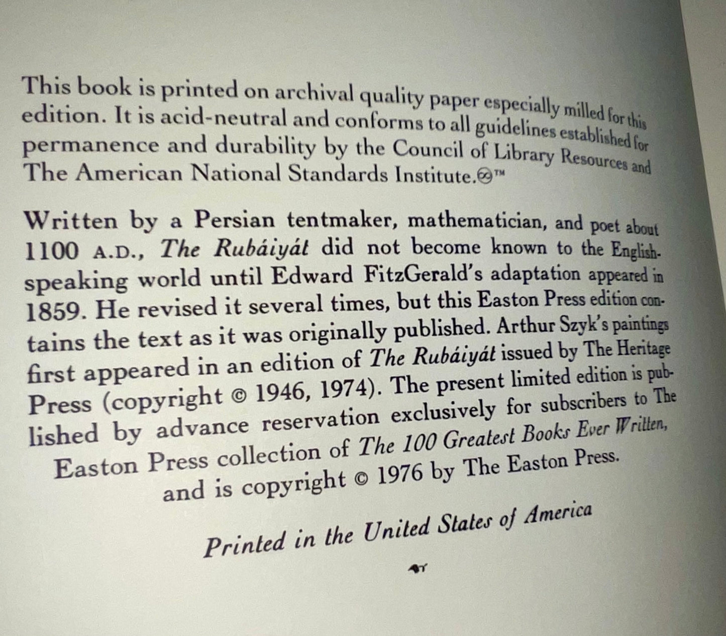 Ruba'iya't of Omar Khayya'm Edward Fitzgerald Vintage 1976 The Easton Press 100 Greatest Books Ever Written