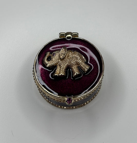 Elephant Pill Box Burgundy and Gold Enamel with Magnetic Closure 1.5" Diameter