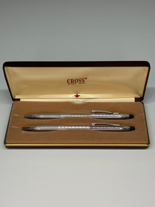 Cross Two-Piece Silvertone Ballpoint Pen Set Blue and Black Ink in Brown Leather Case with Goldtone Trim Lettering