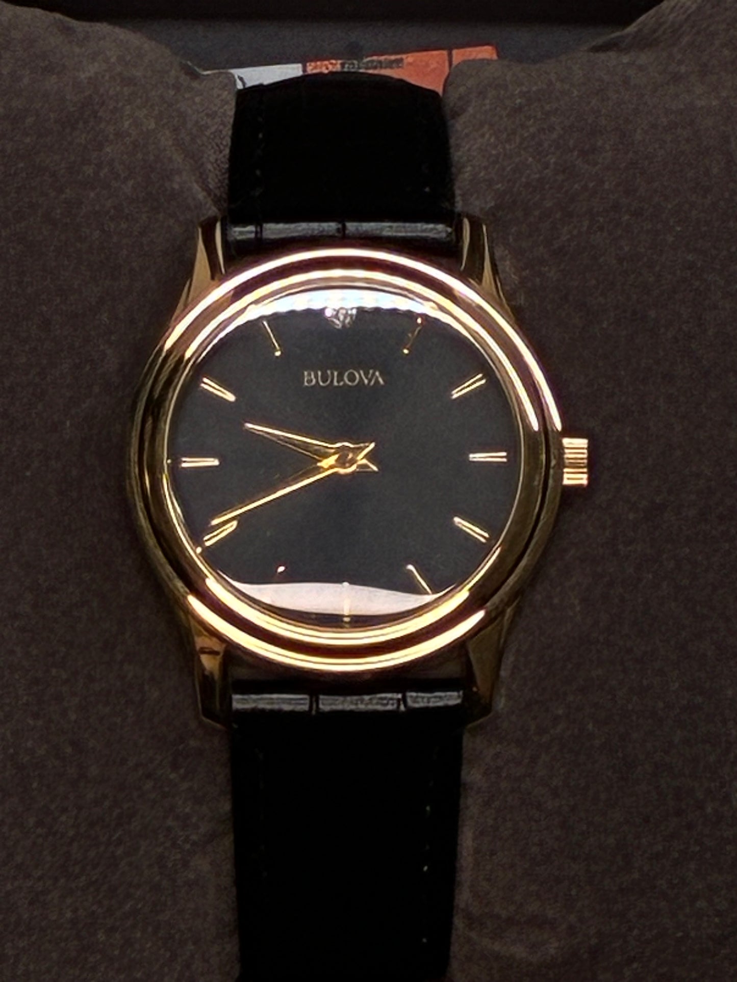 Bulova Diamond Accent Corporate Collection Women's Watch New in Original Box Gold-Tone Sunray Dial Black Leather Straps