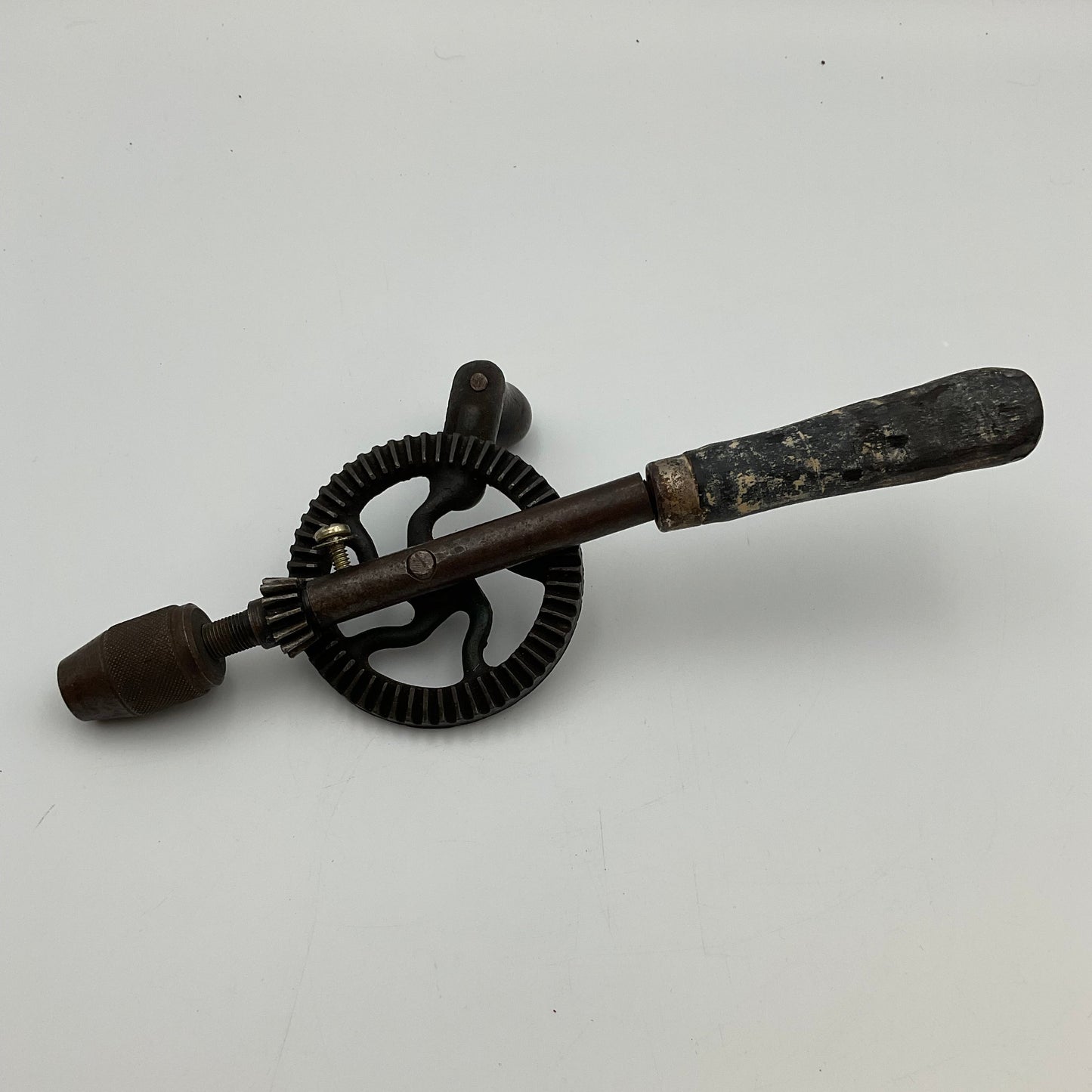 Vintage Hand-Crank Drill Cast Iron Frame Wooden Handle